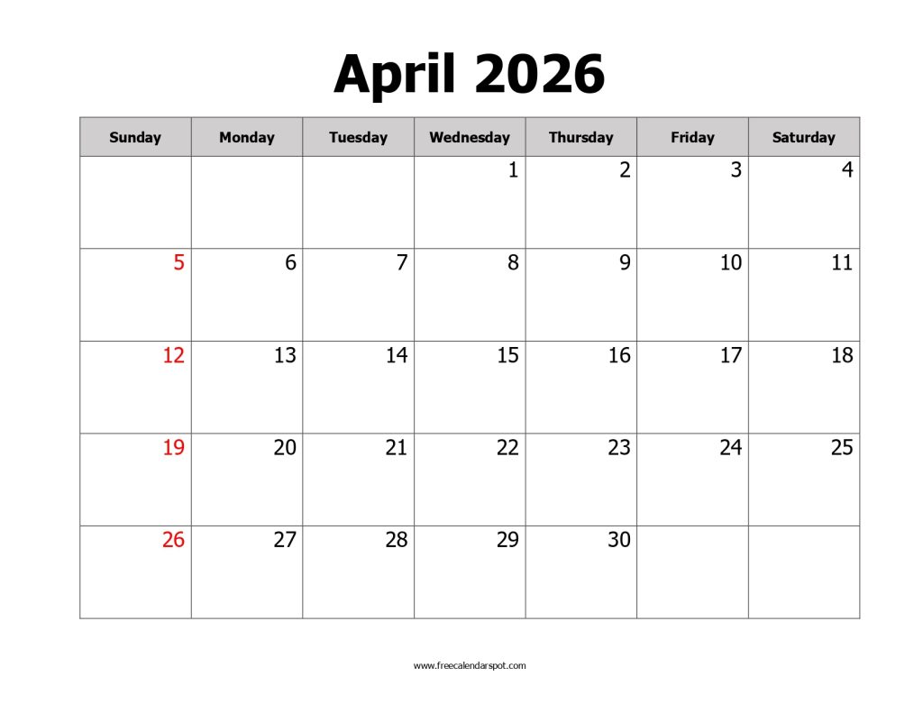 April 2026 Calendar Printable