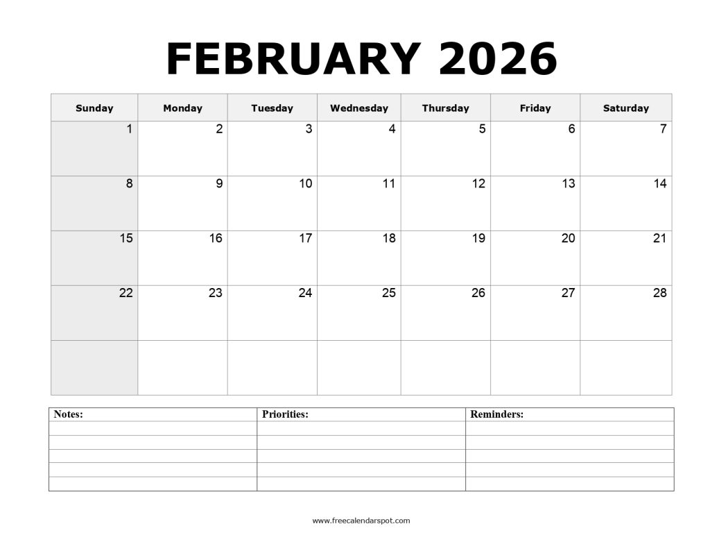 Printable February 2026 Calendar