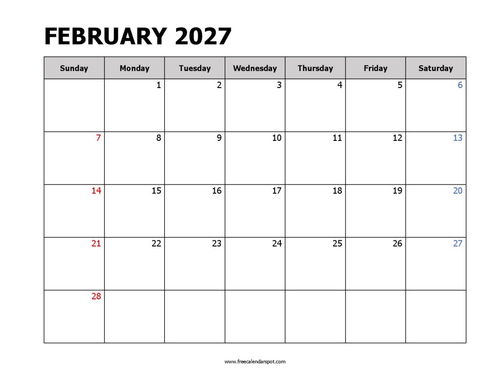 February 2027 Printable Calendar