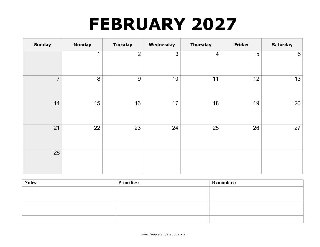 Printable February 2027 Calendar