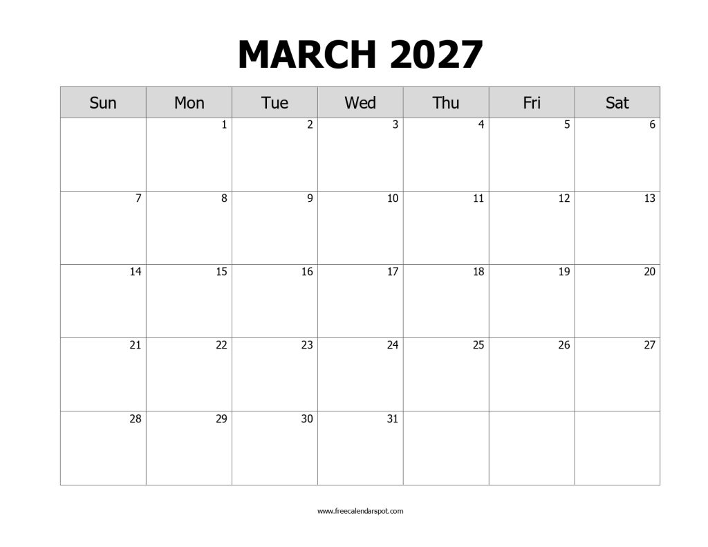 Free March 2027 Calendar