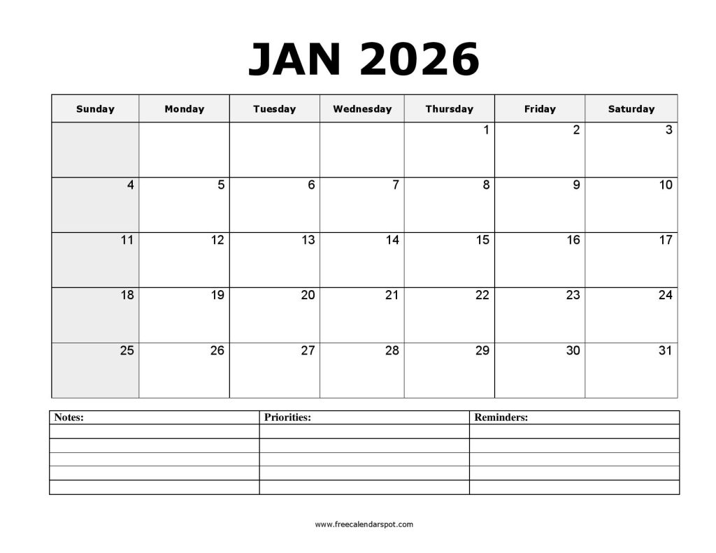 Printable January 2026 Calendar