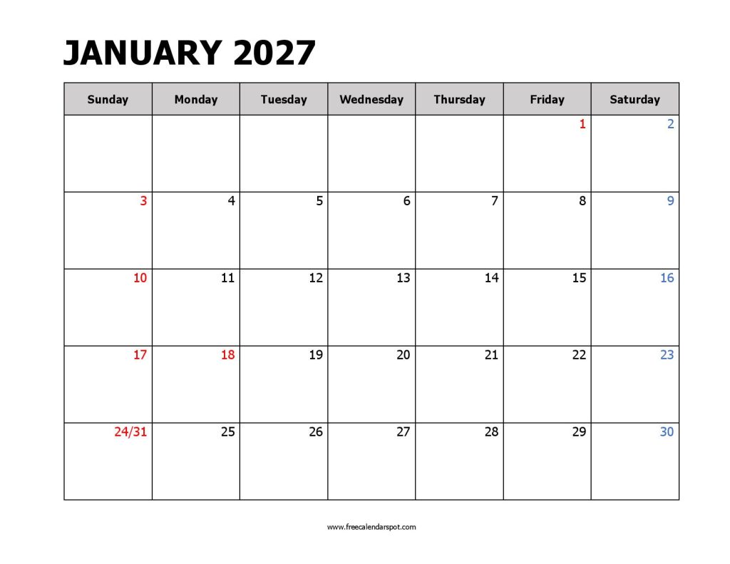 Printable Calendar January 2027
