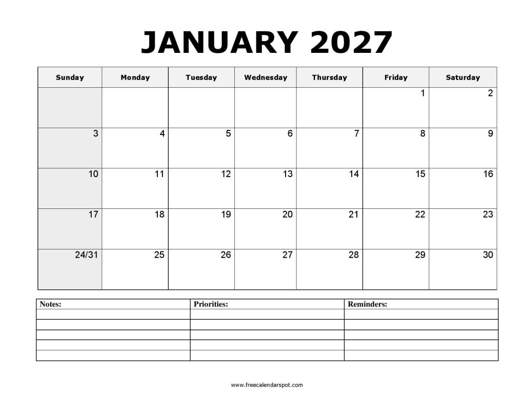 January 2027 Printable Calendar