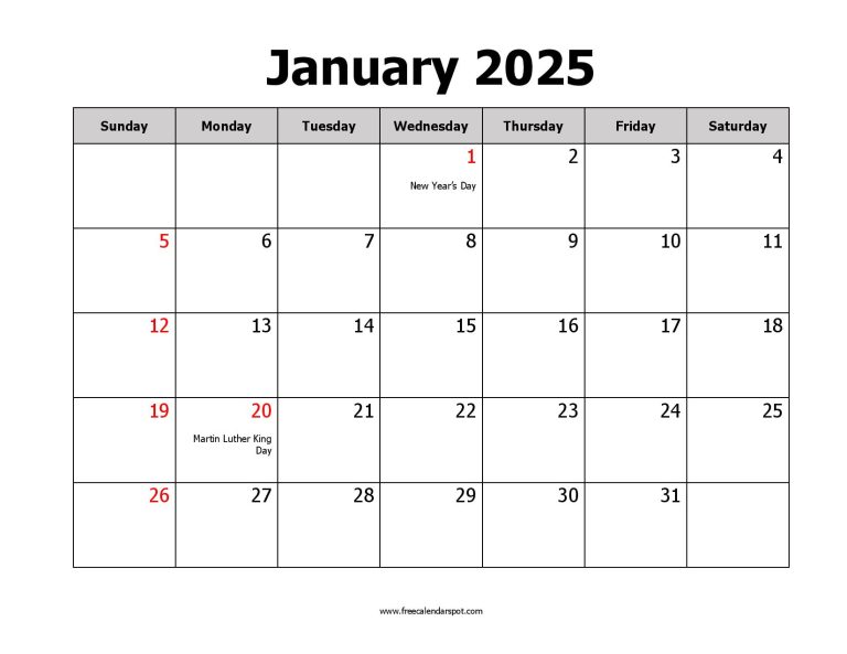 Free January 2025 Calendar Printable PDF, Word