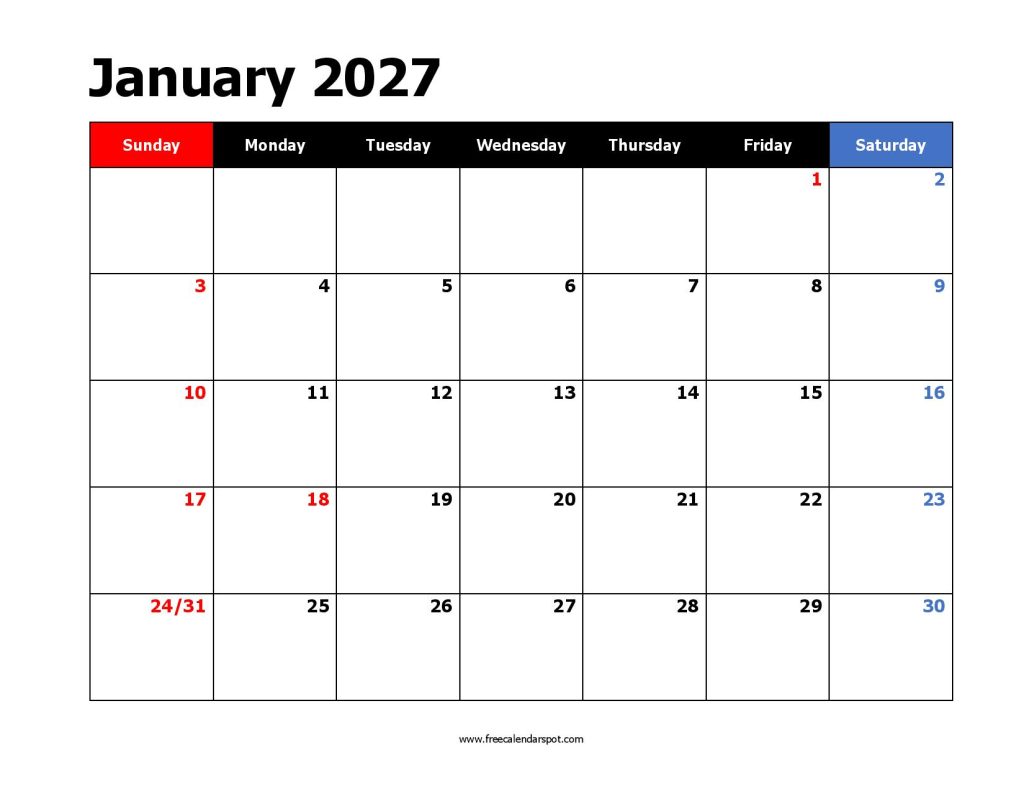 Printable January 2027 Calendar