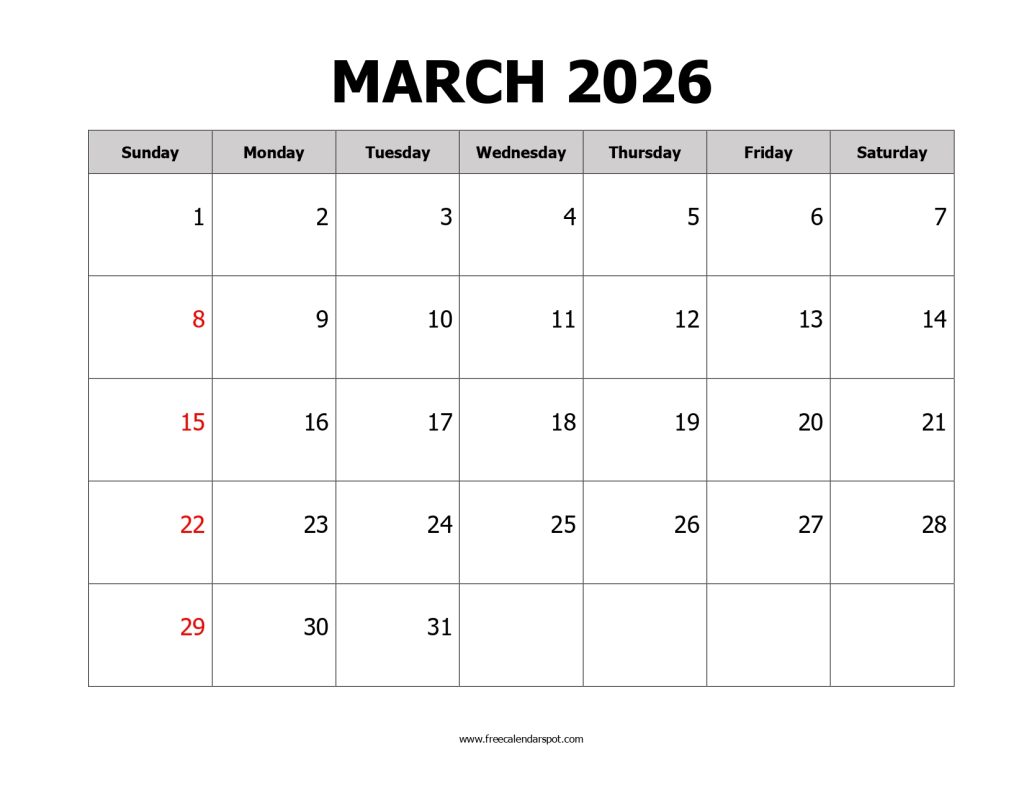 Printable March 2026 Calendar