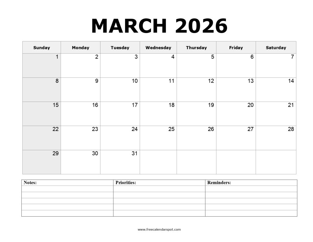 March 2026 Calendar Printable