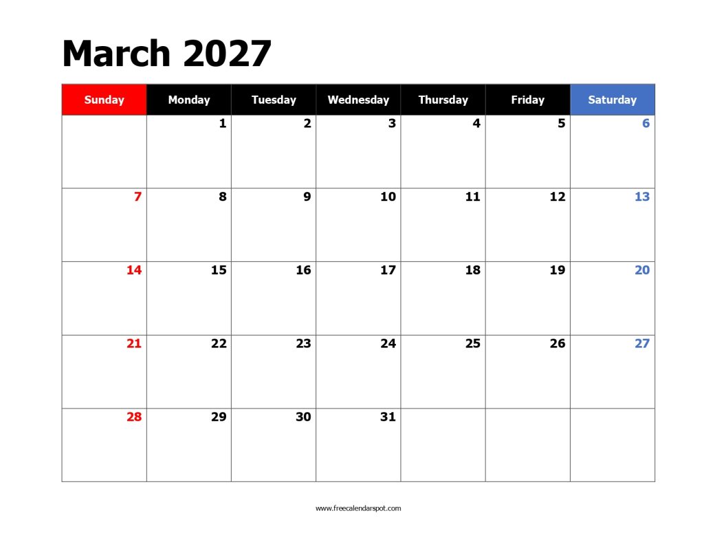 March 2027 Printable Calendar
