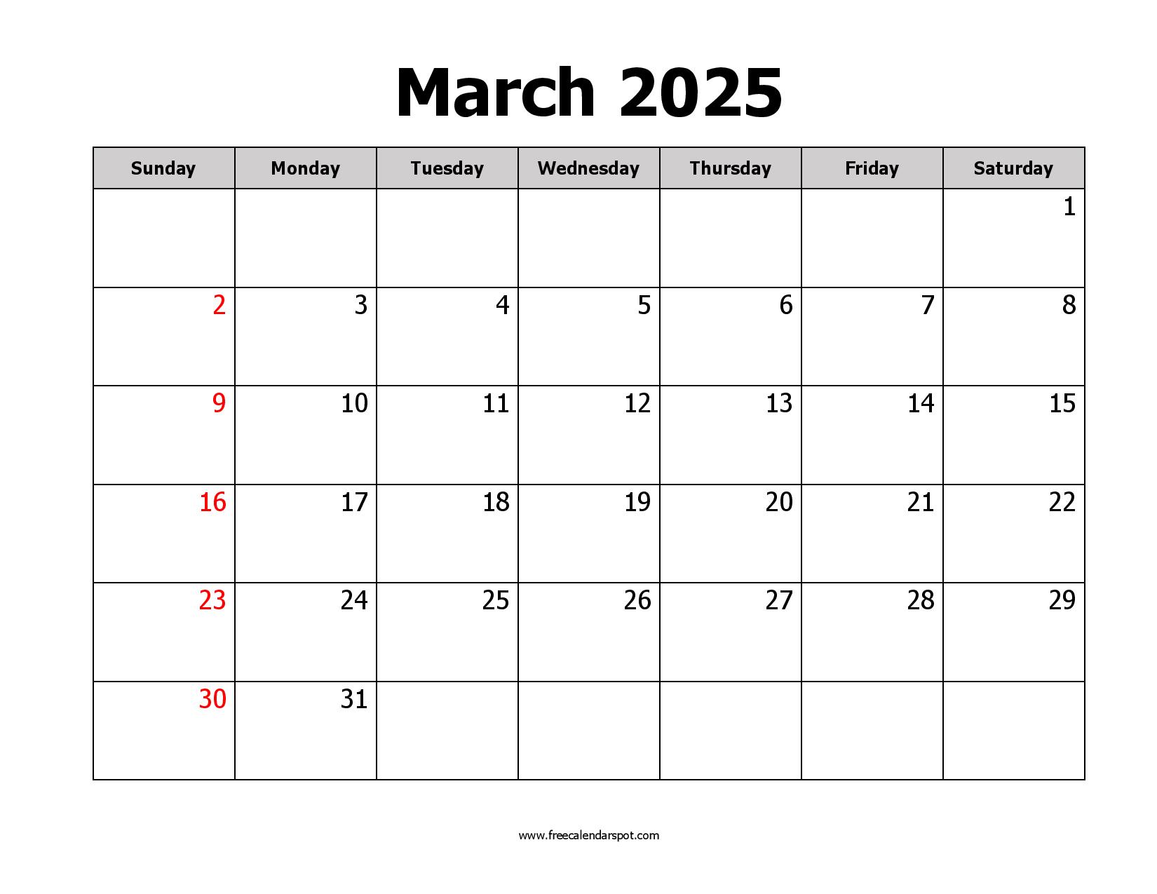 Free March 2025 Calendar Printable PDF Word