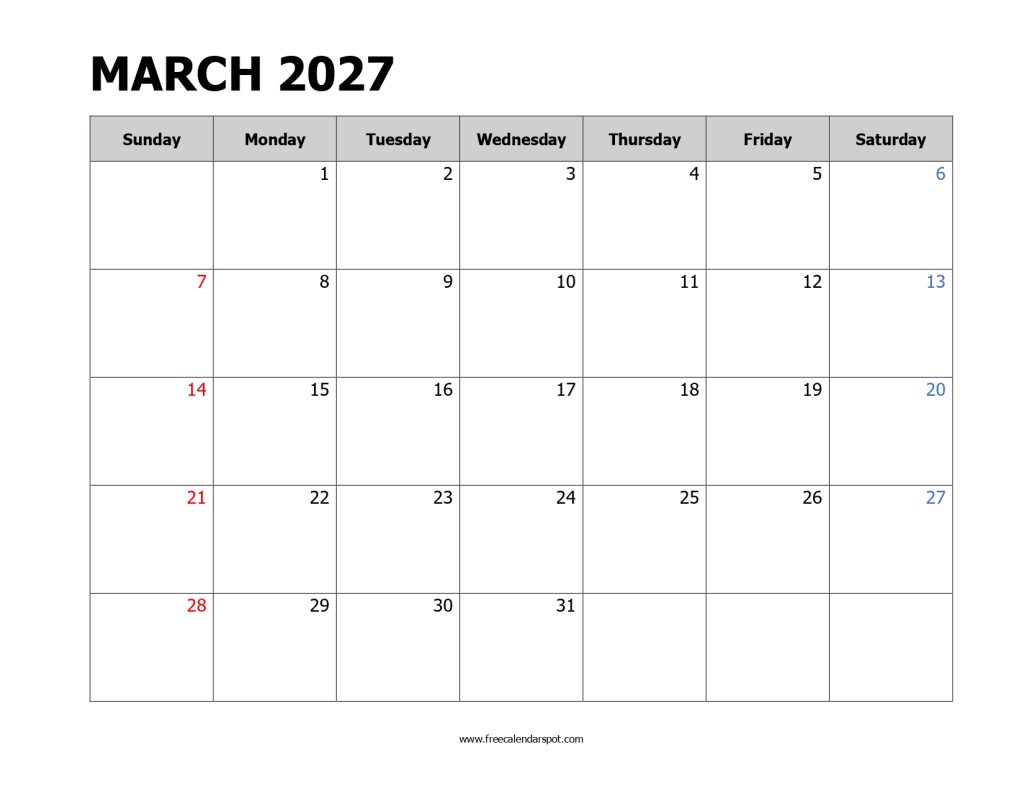 Printable March 2027 Calendar
