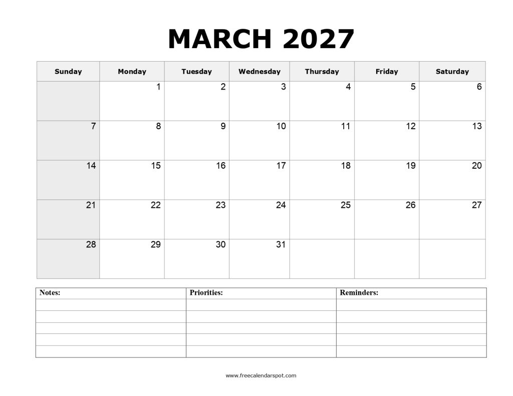 March 2027 Calendar Printable