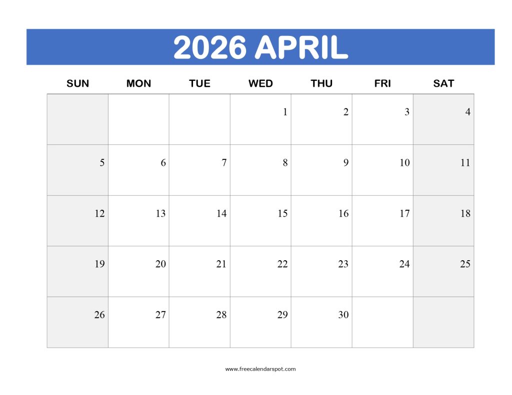 Printable April 2026 Calendar