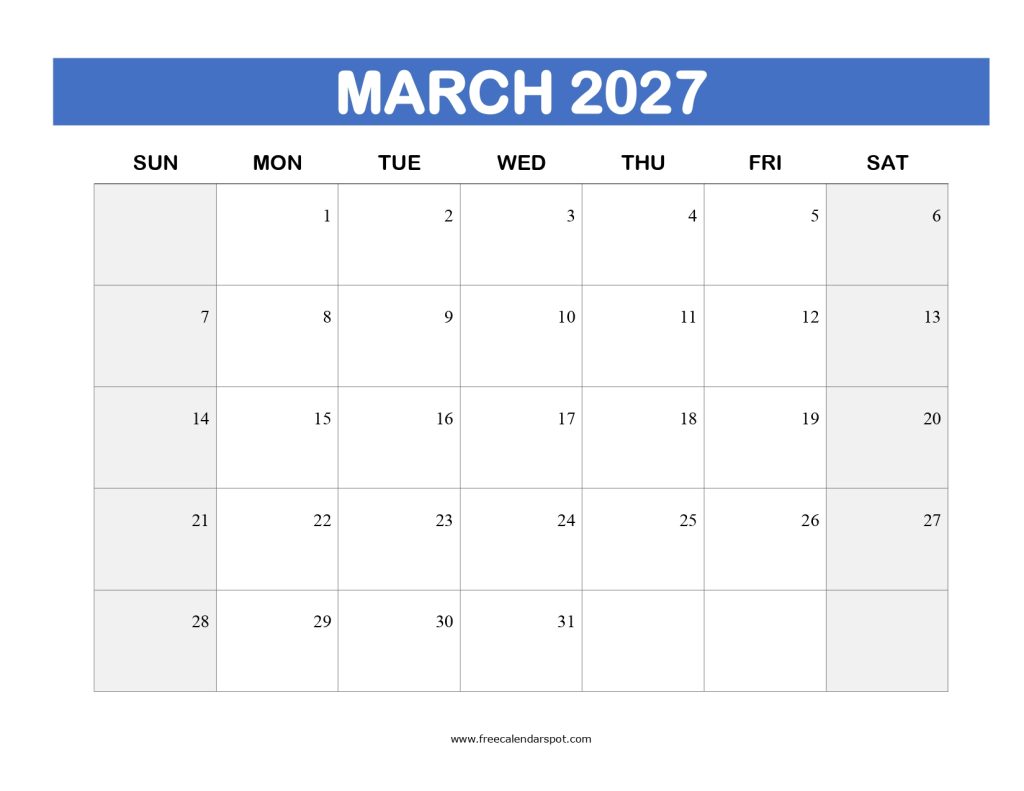 Printable Calendar March 2027