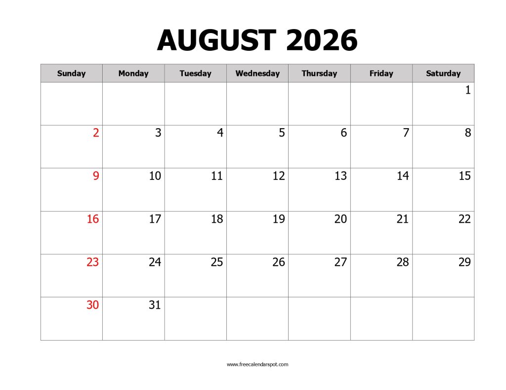 Printable August 2026 Calendar