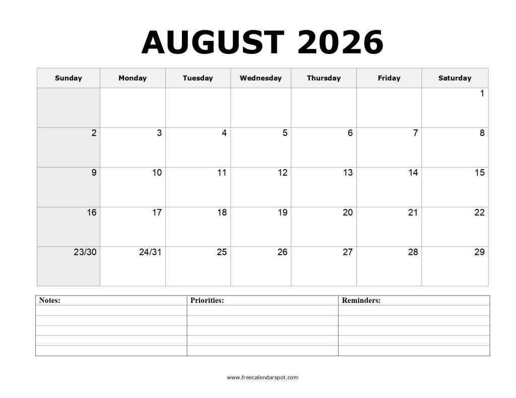 August 2026 Calendar Printable