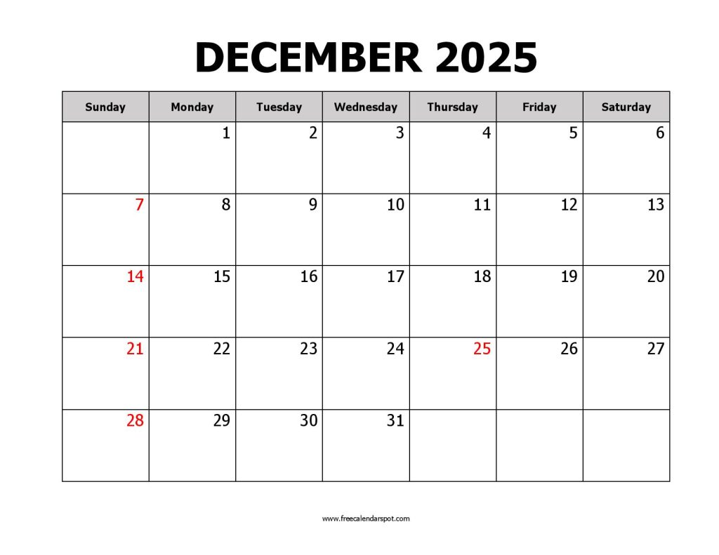 December 2025 Printable Calendar