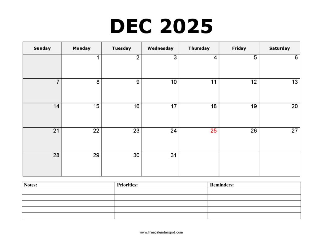 Printable December 2025 Calendar