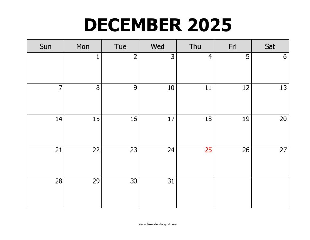 December 2025 Calendar Printable