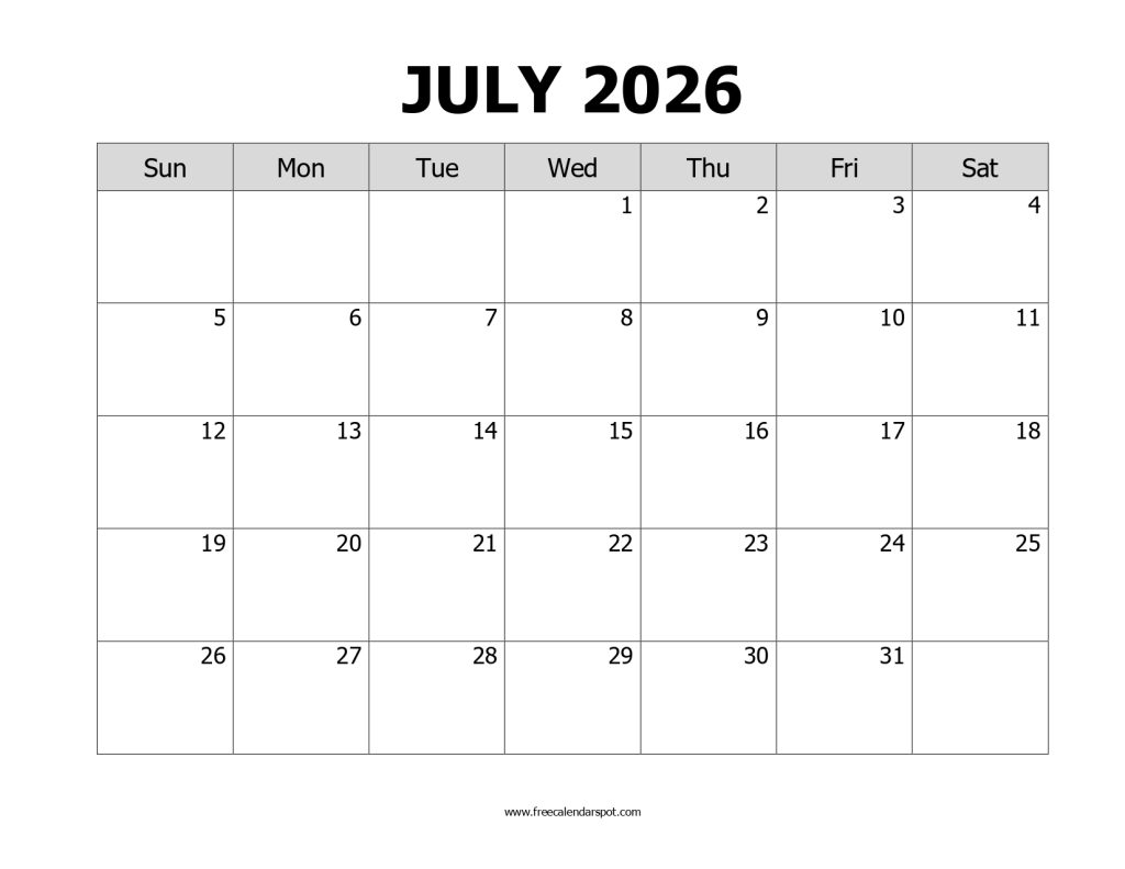 Printable Calendar July 2026