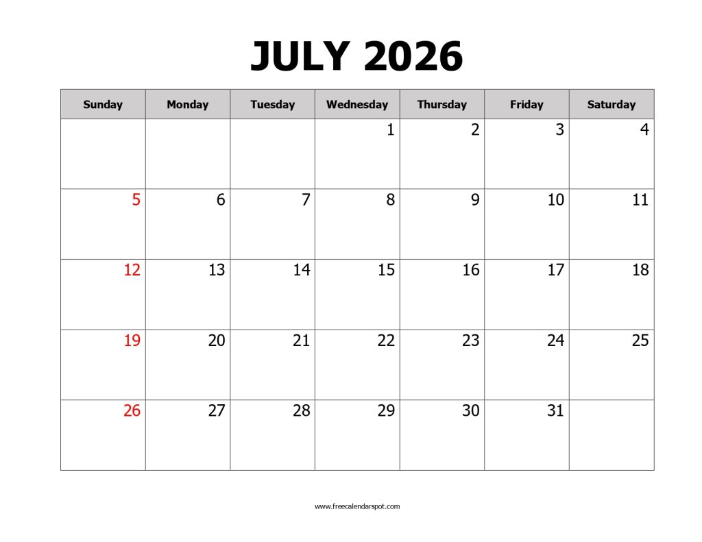 July 2026 Calendar Printable