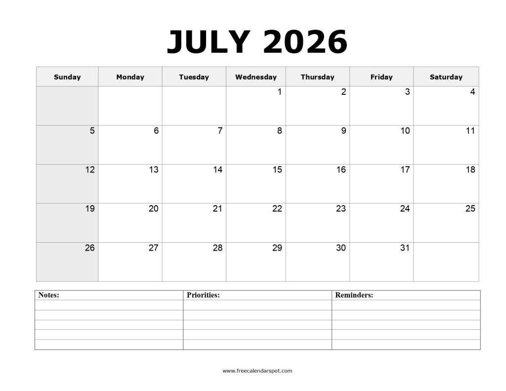 July 2026 Printable Calendar
