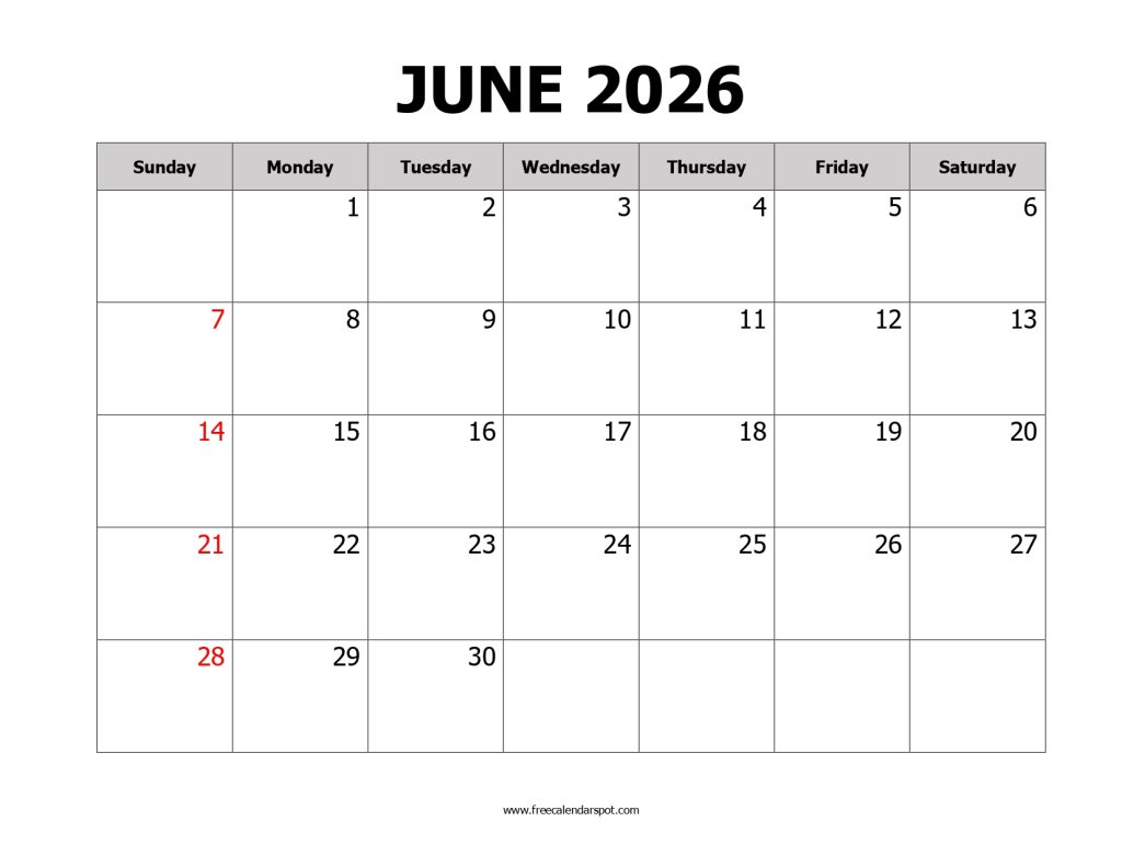 Printable Calendar June 2026
