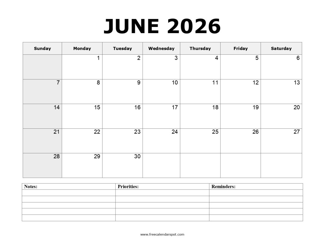June 2026 Printable Calendar
