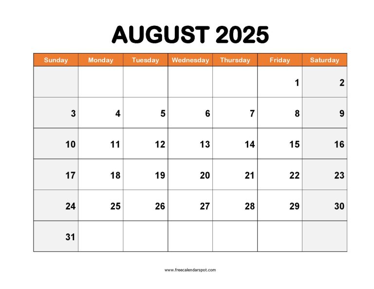 Free August 2025 Calendar Printable PDF, Word