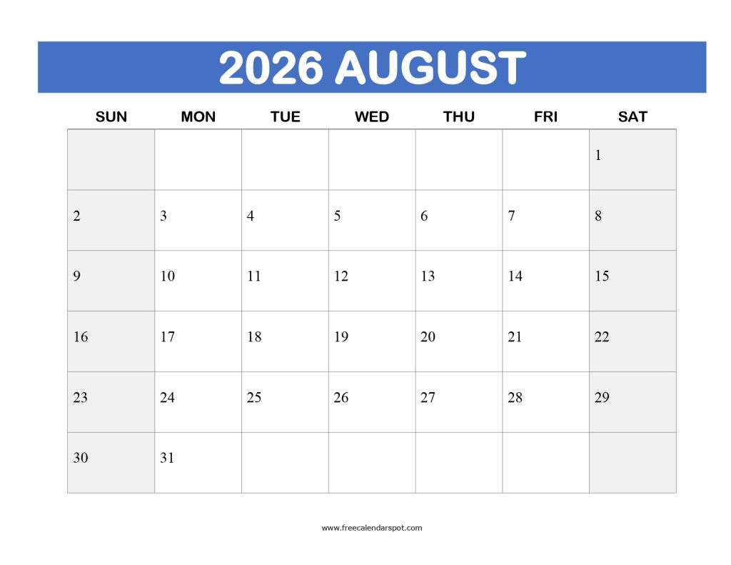 Printable Calendar August 2026