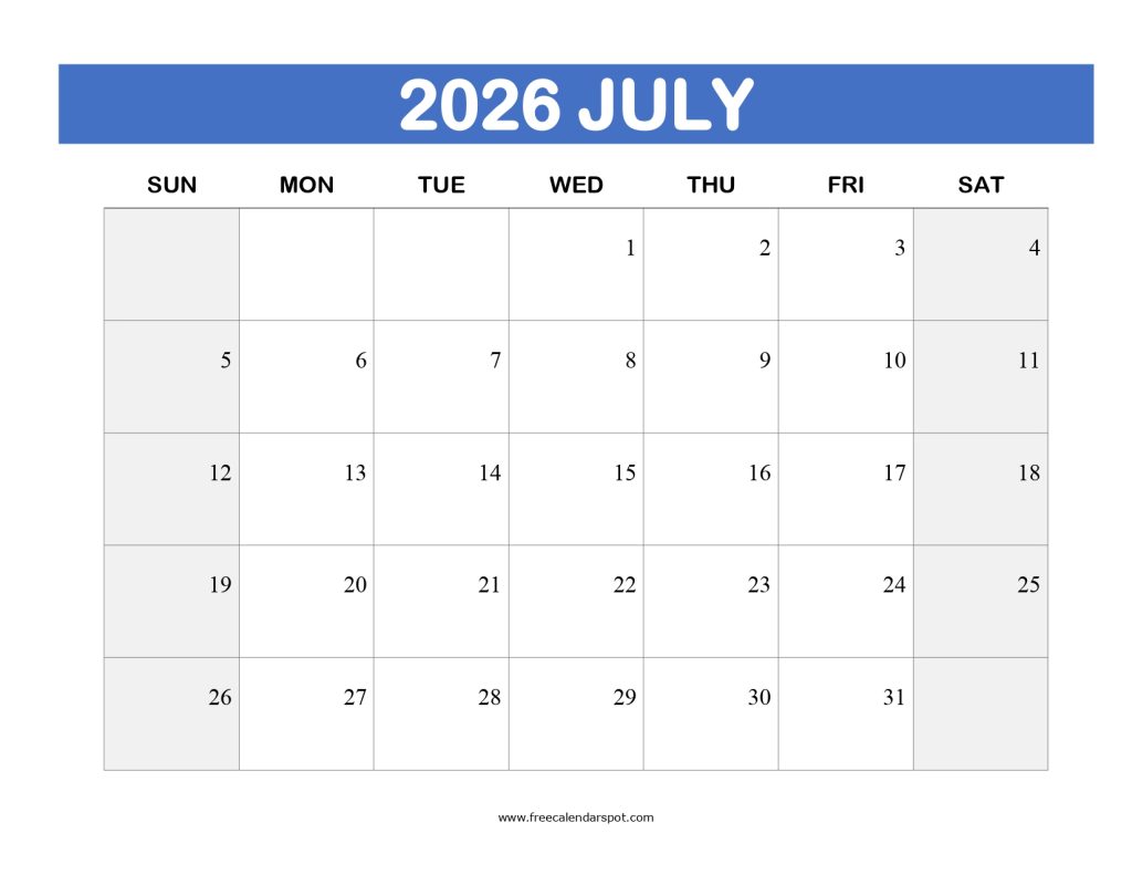 Printable July 2026 Calendar