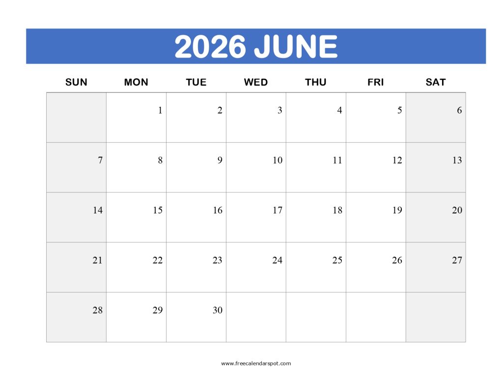 Printable June 2026 Calendar