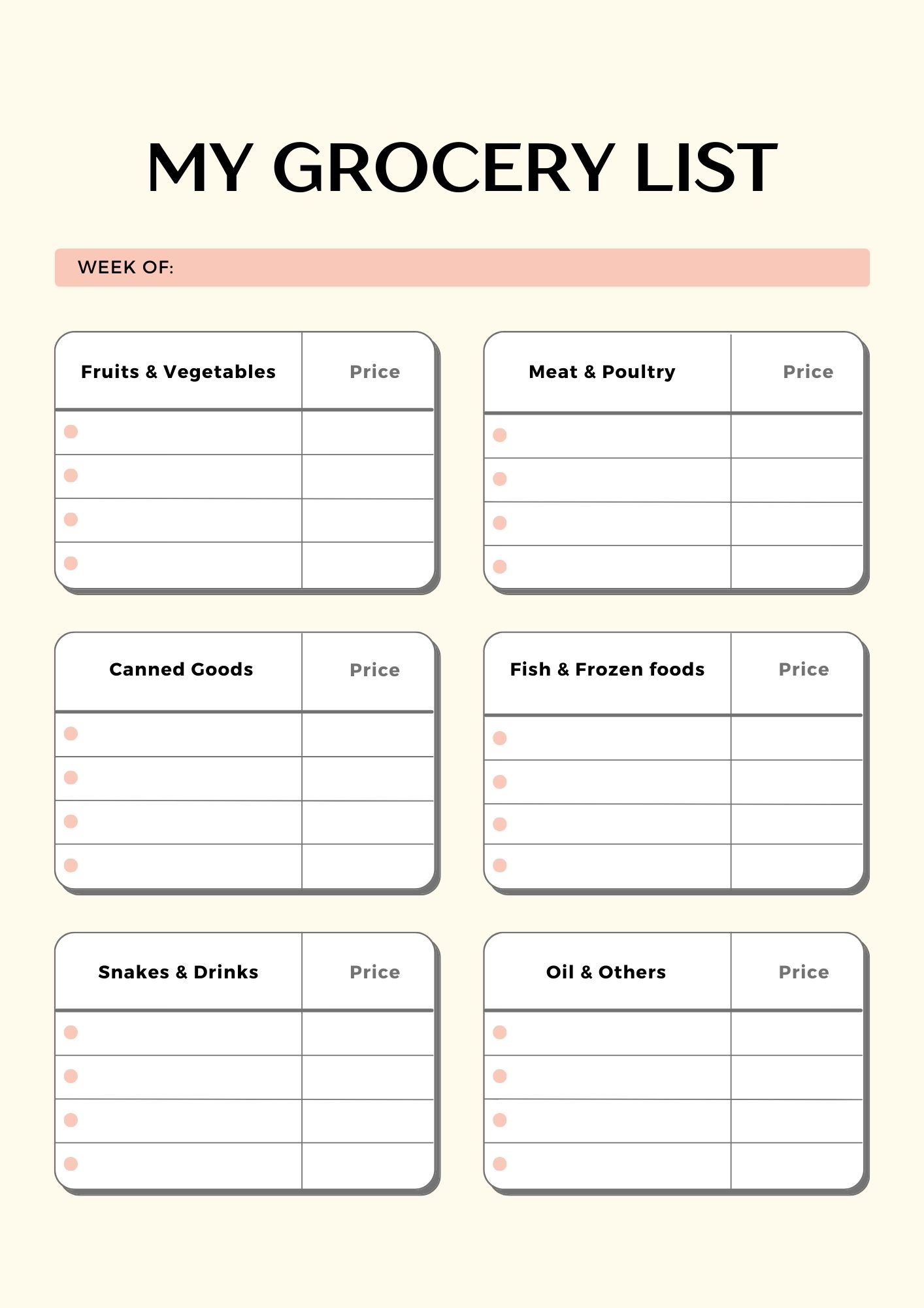 Printable grocery shopping planner