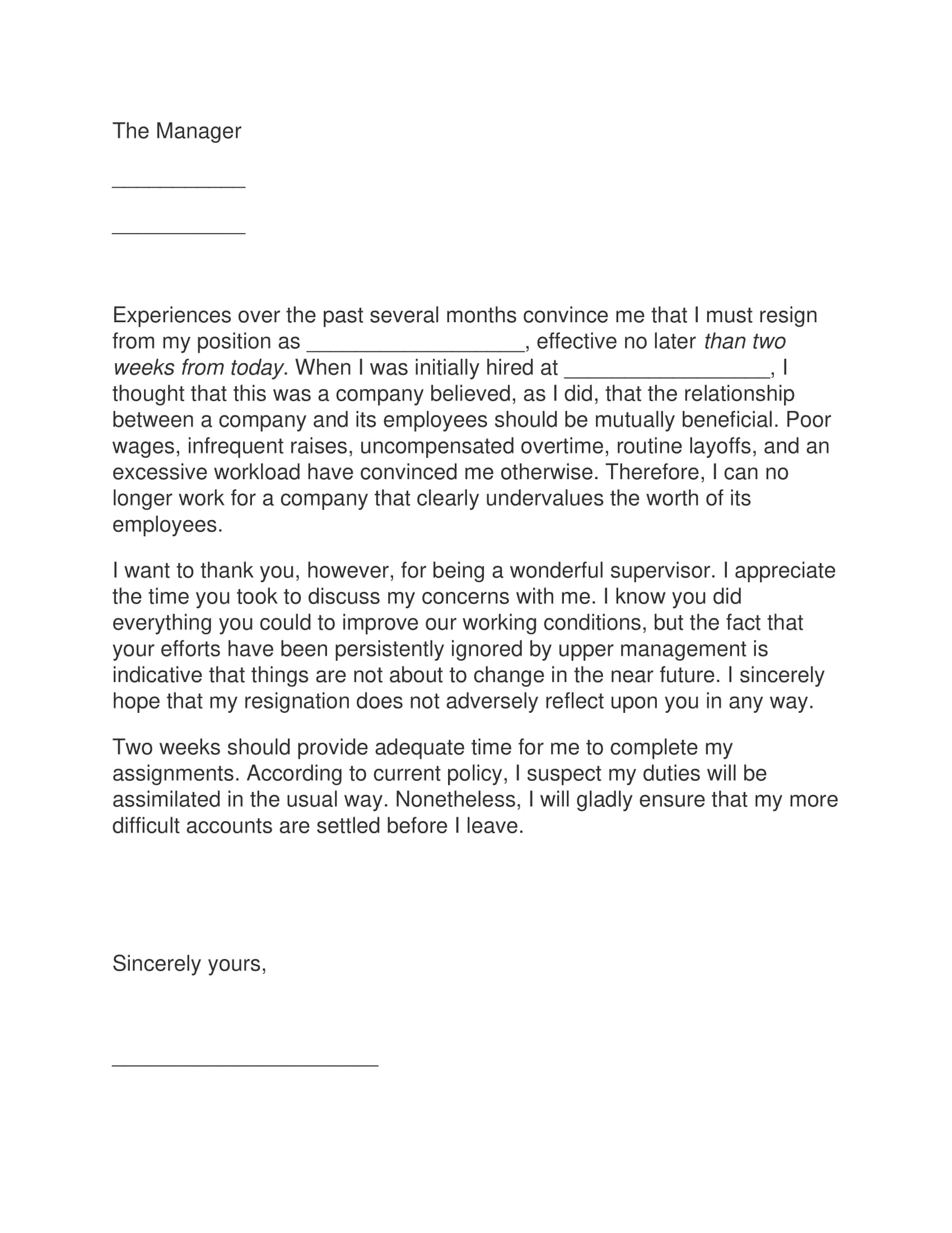 Two Weeks Notice Letter