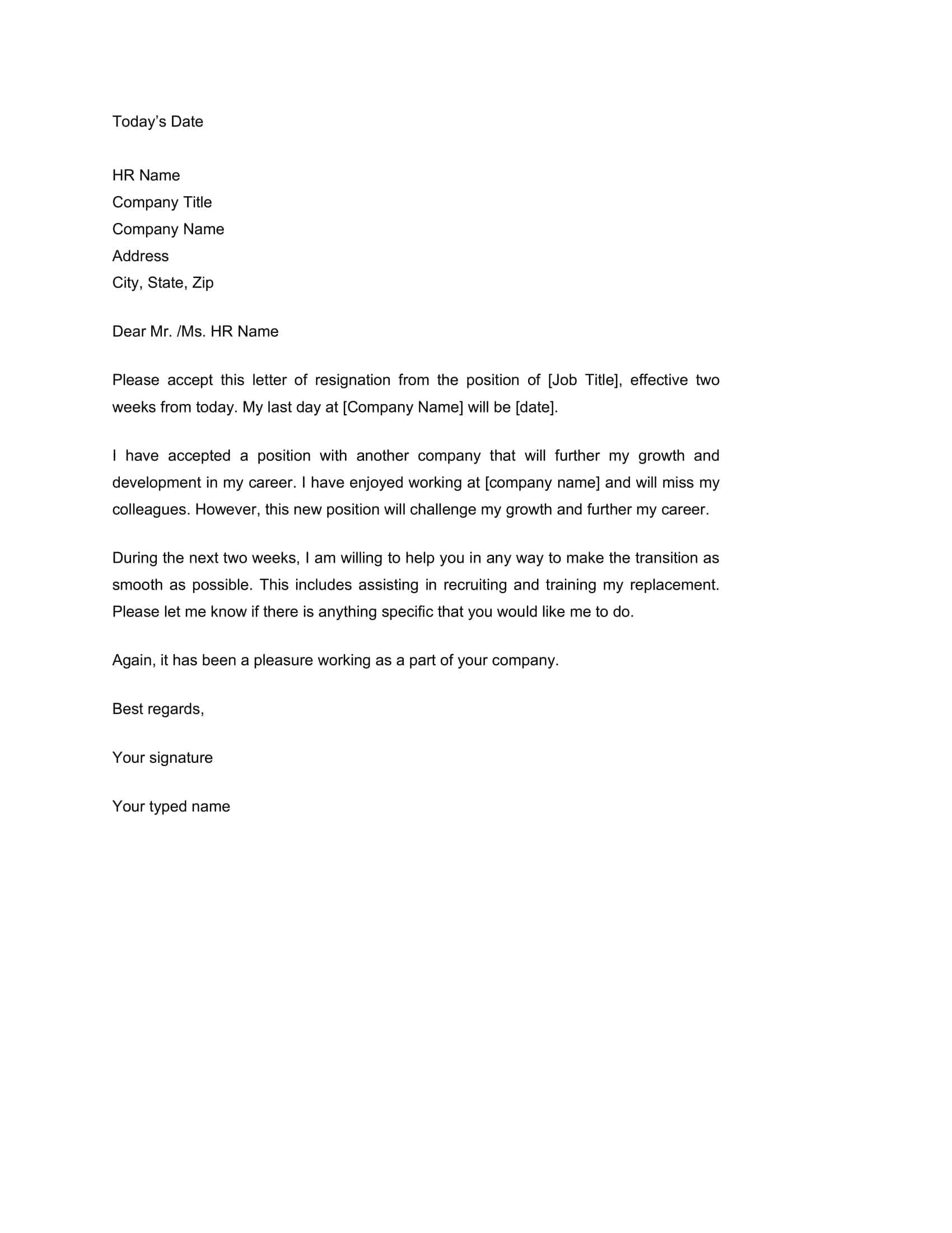 Two Weeks Notice Letter Template