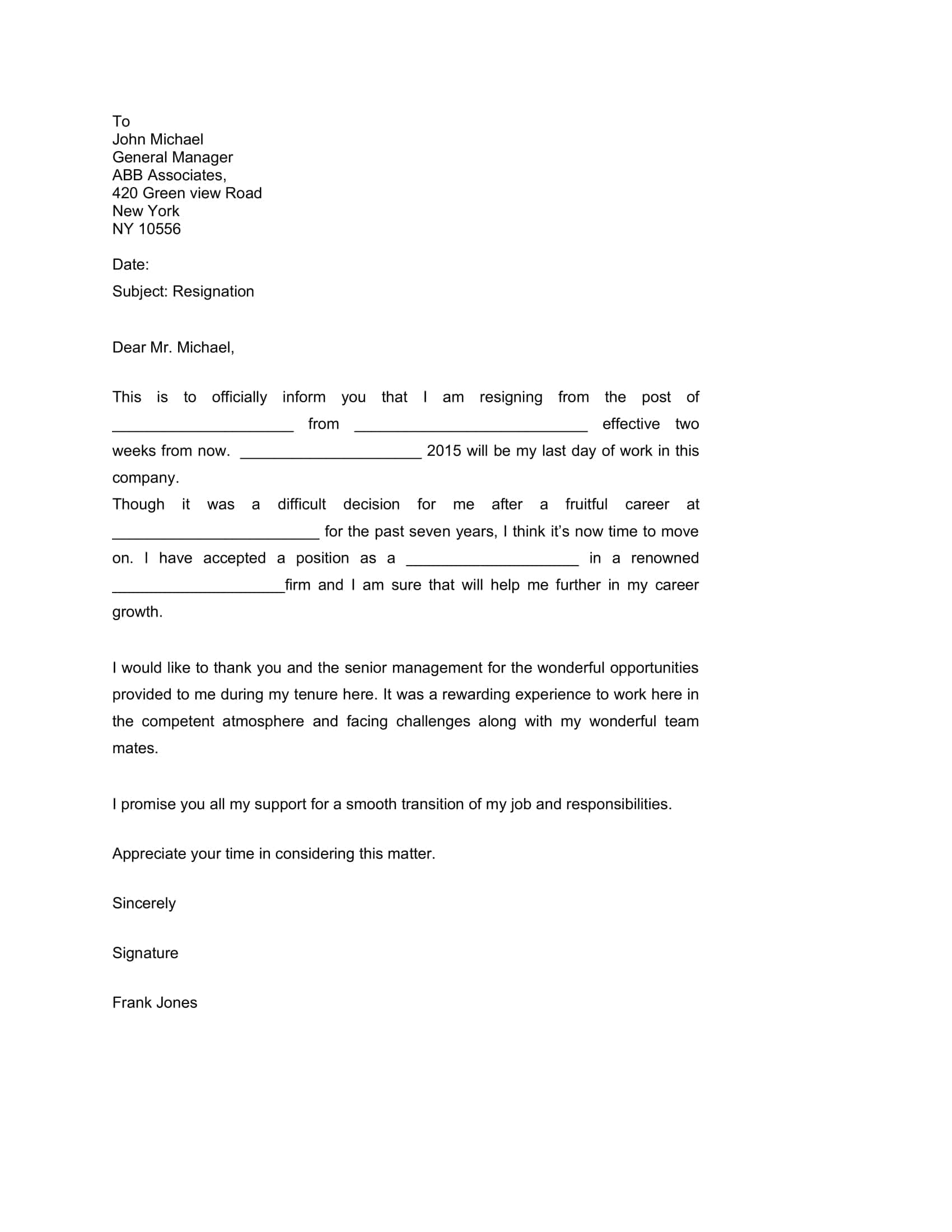 Two Weeks Notice Letter Editable