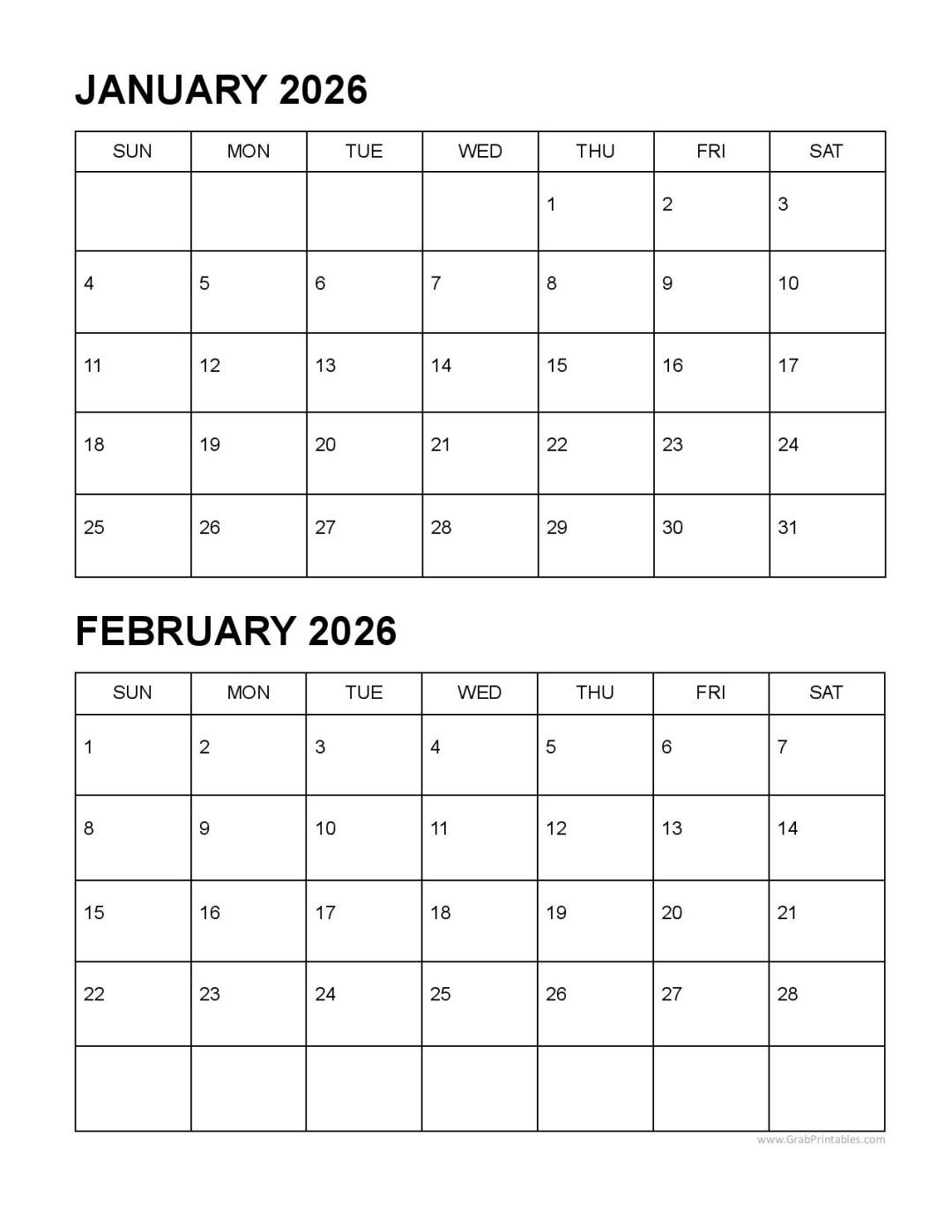 January and February 2026 Calendars Printable TwoMonths