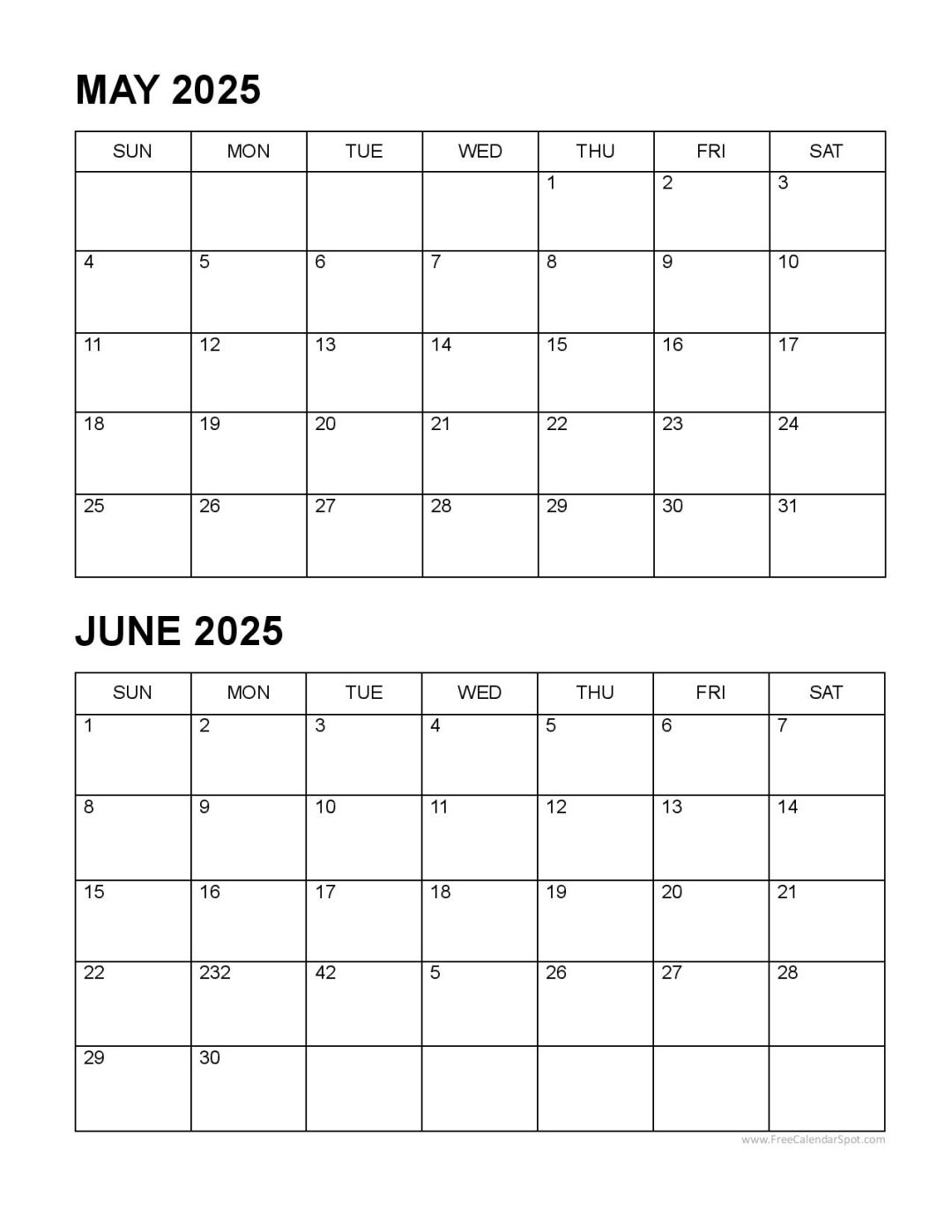 May and June 2025 Calendars | Printable Two-Months