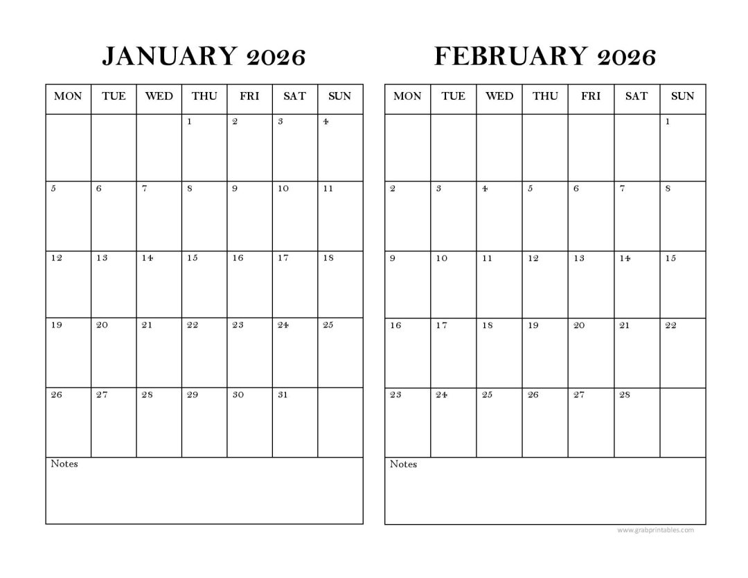 January and February 2026 Calendars Printable TwoMonths
