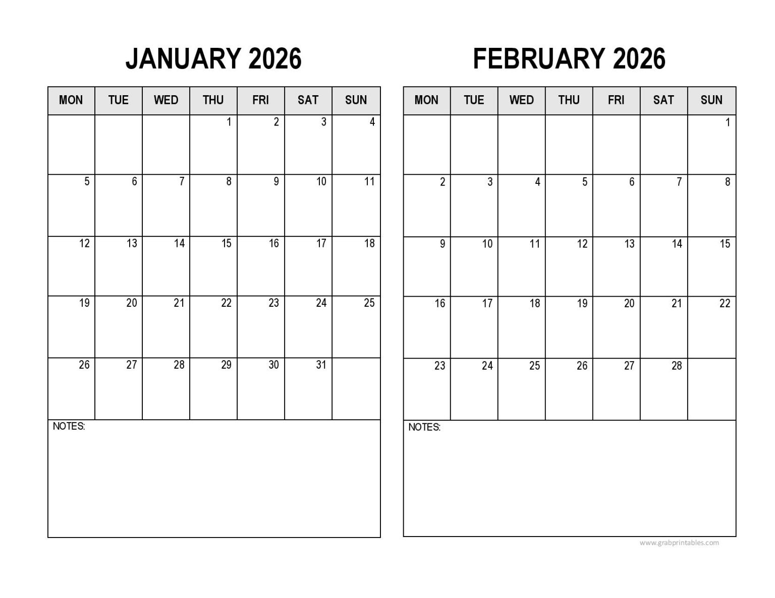 January and February 2026 Calendars Printable TwoMonths