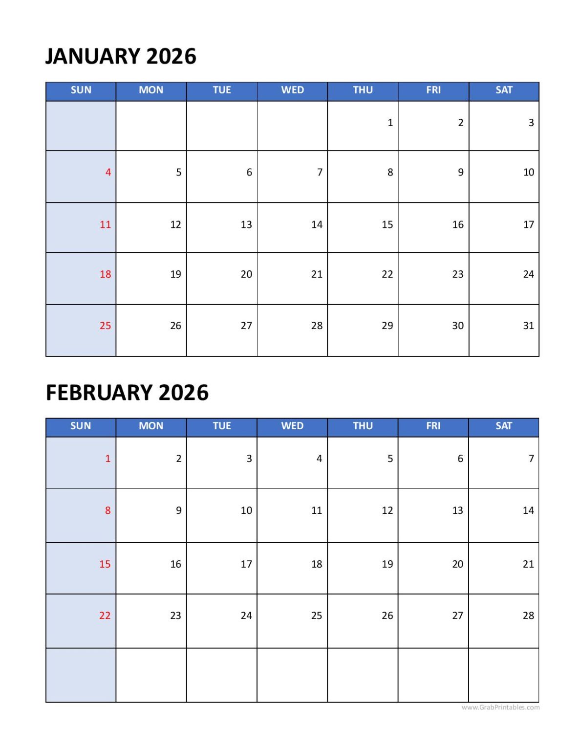 January and February 2026 Calendars Printable TwoMonths