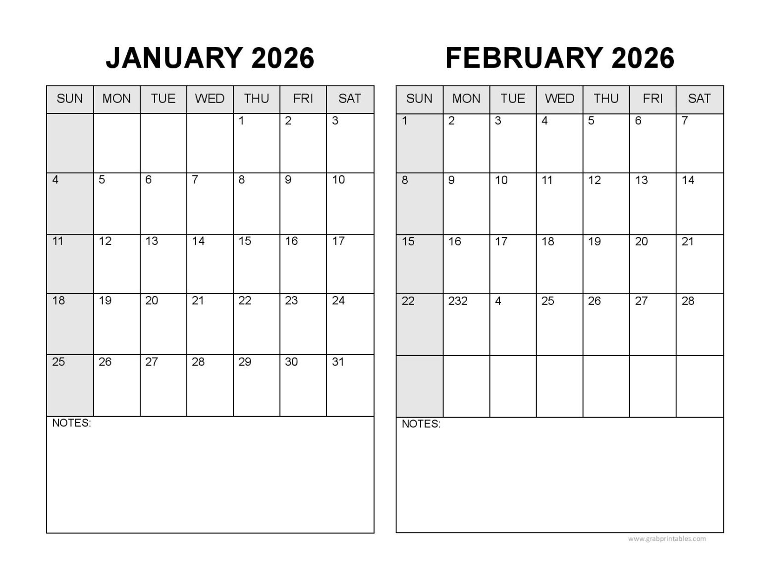 January and February 2026 Calendars Printable TwoMonths