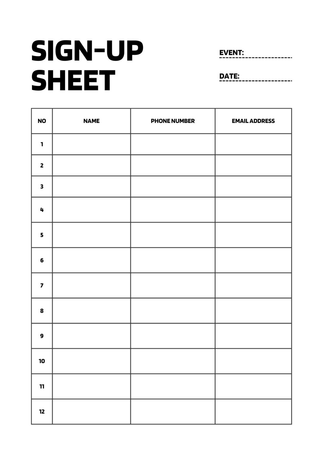 Editable Signup Sheet Template for Events in Word