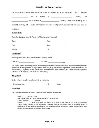 Car Rental Agreement Form & Template