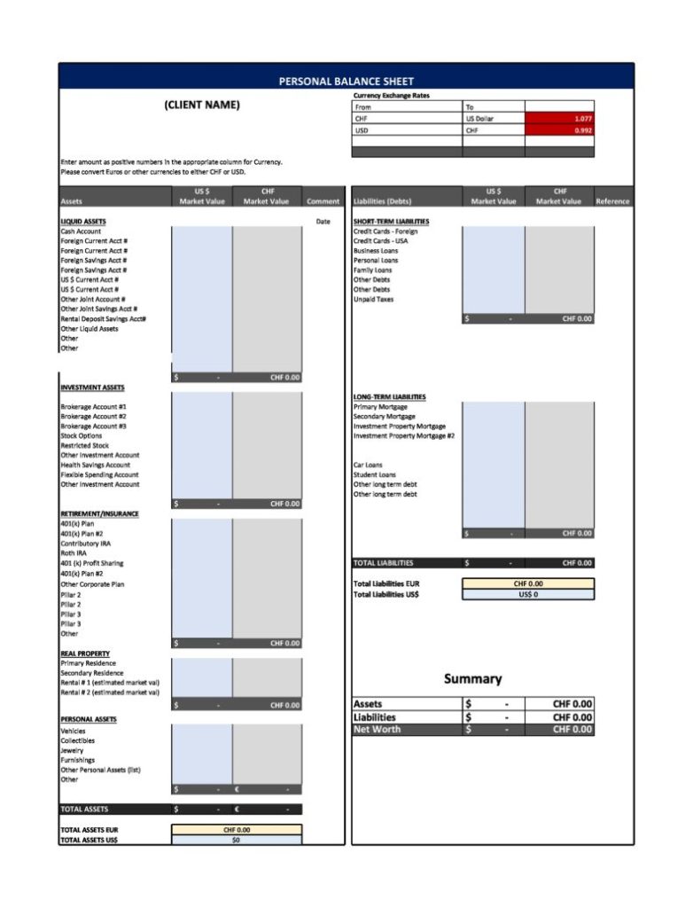 Personal Balance Sheet Template in Excel