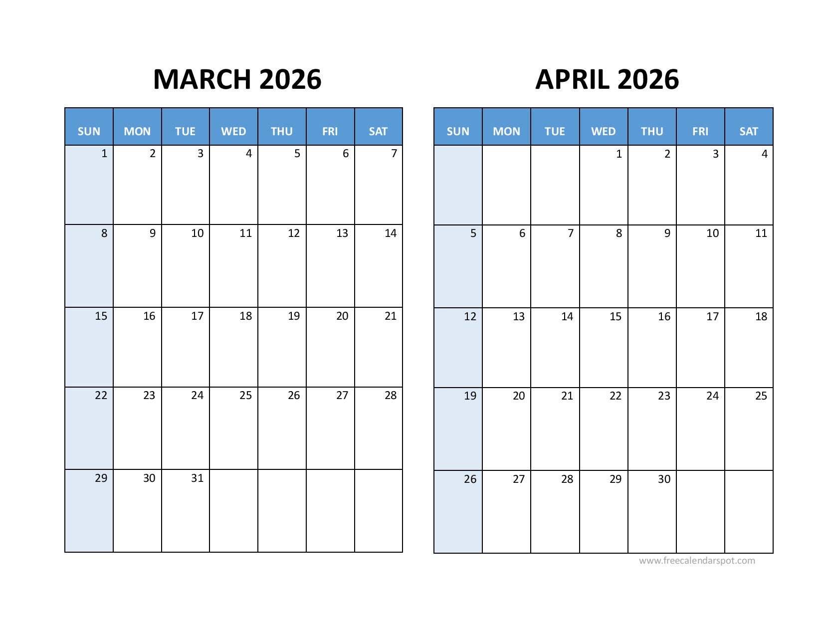 March and April 2026 Calendar