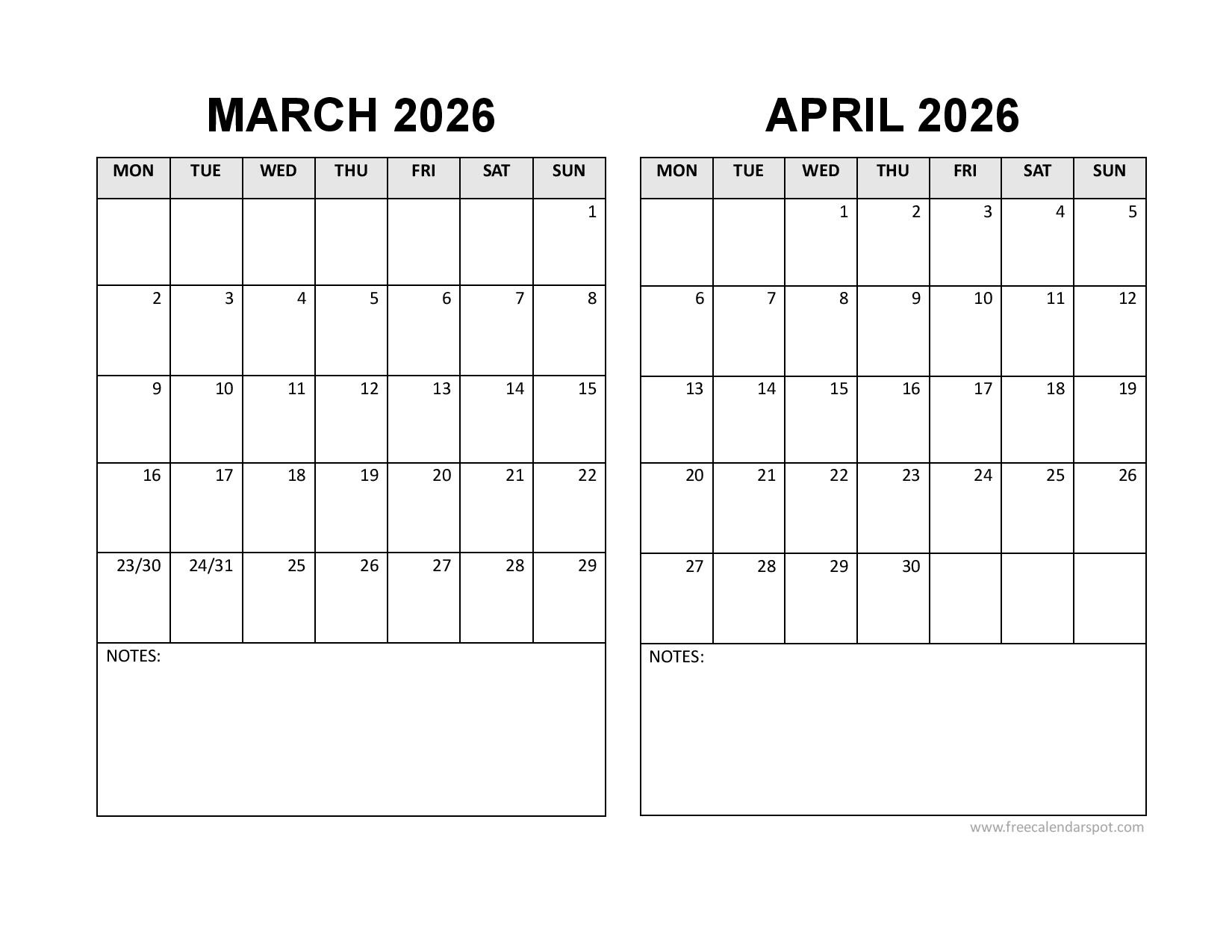 March April 2026 Calendar Monday