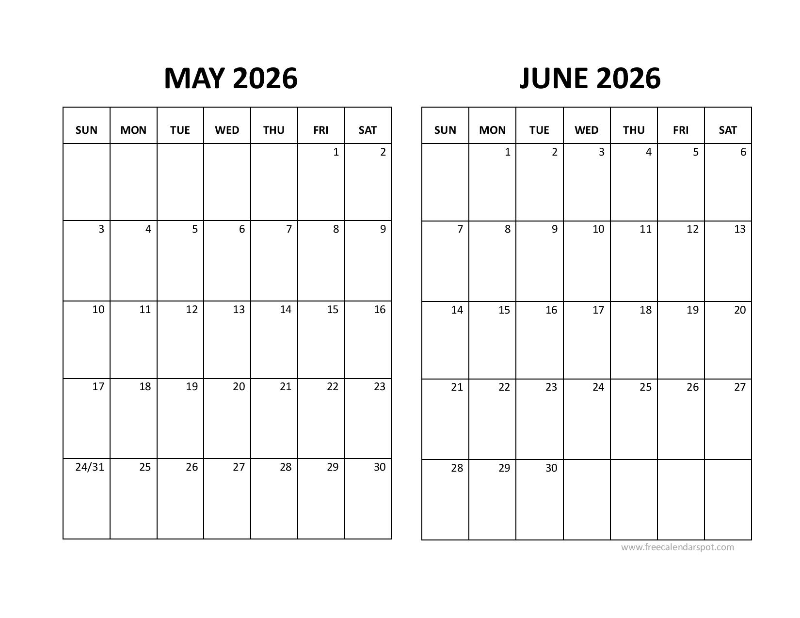 may-june-calendar-2026 may june 2026 calendar printable