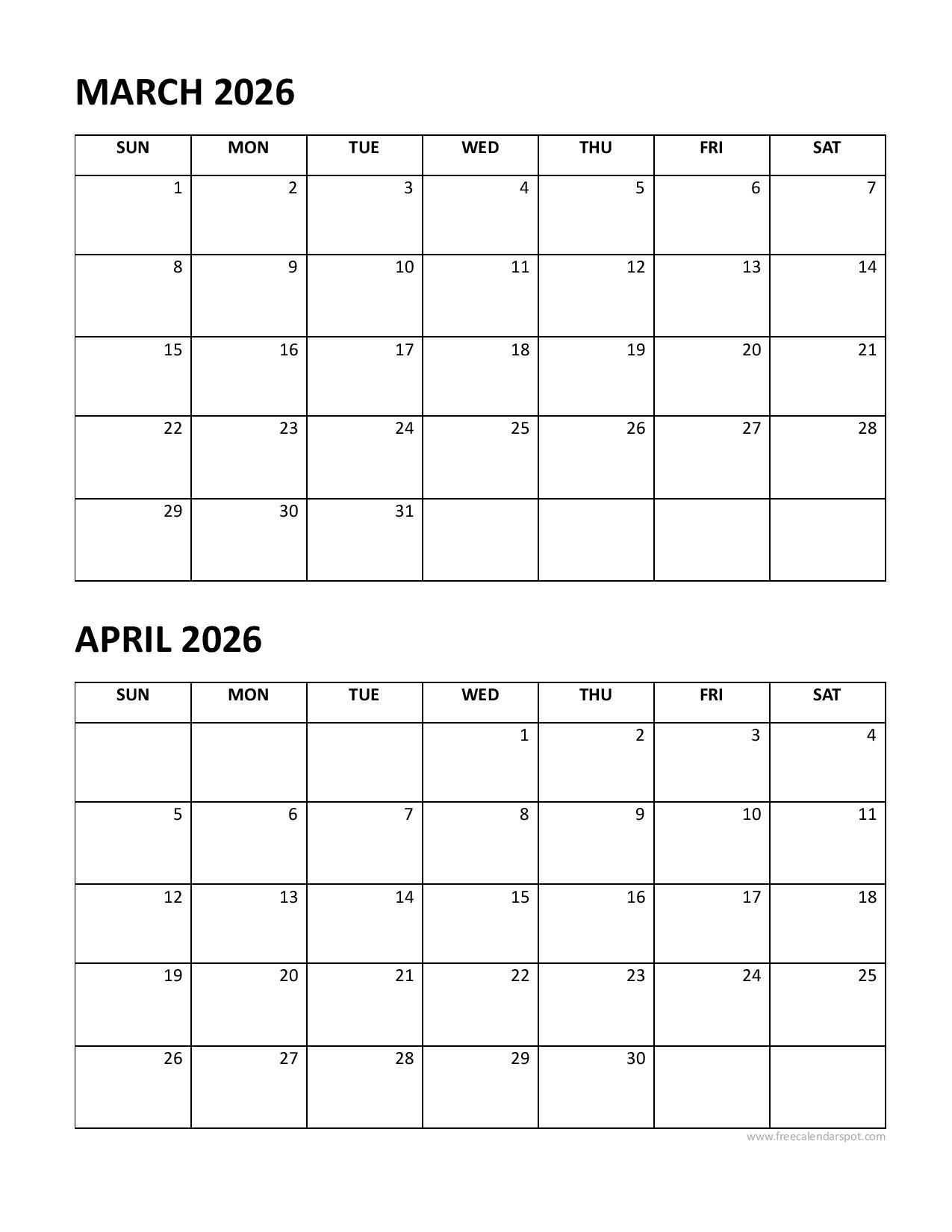 Printable March April 2026 Calendar